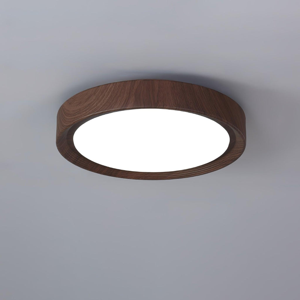 Wood grain flush mount ceiling light close up of the rim