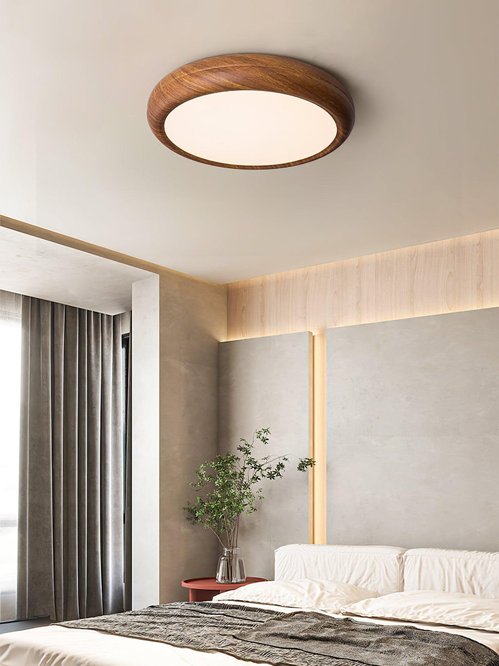 Flush Mount Ceiling Light, Walnut Wood Grain and White, Dimmable LED