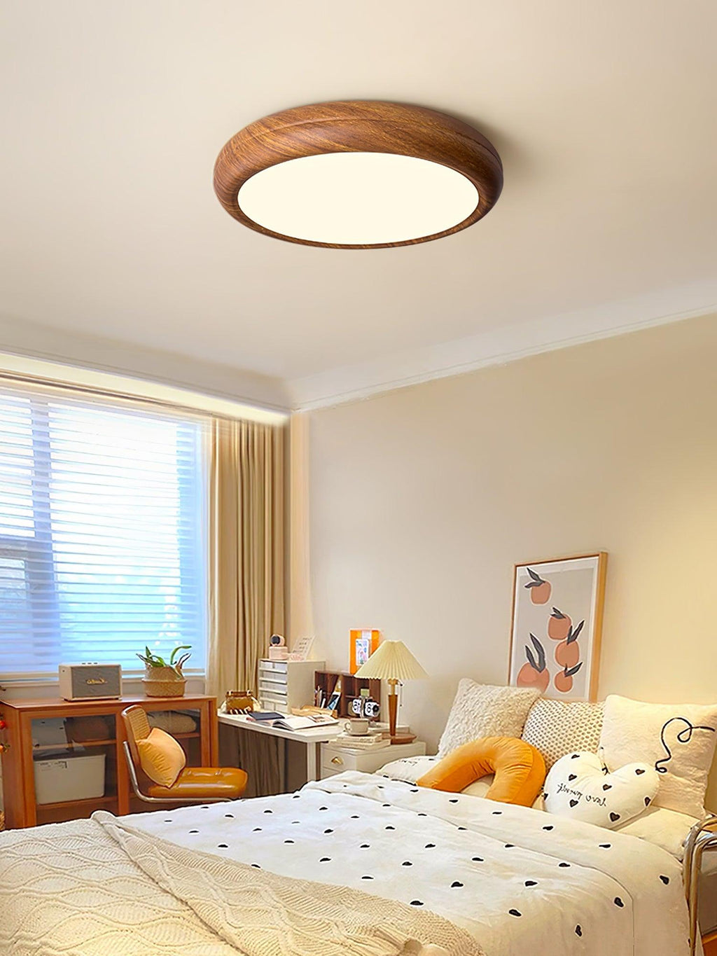 Wood grain ceiling light shown in a styled living area