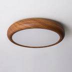 Walnut round ceiling light with even white light overhead