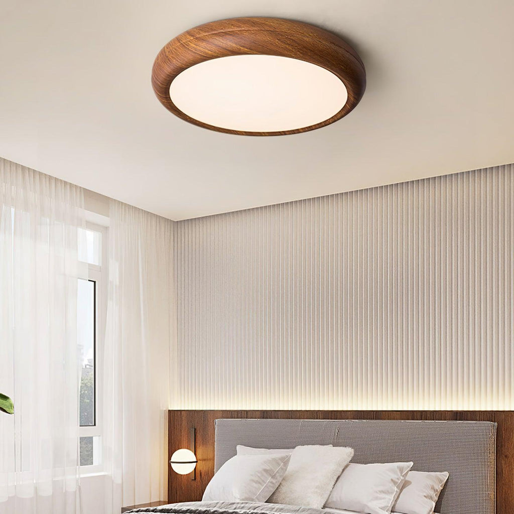 Flush Mount Ceiling Light, Walnut Wood Grain and White, Dimmable LED