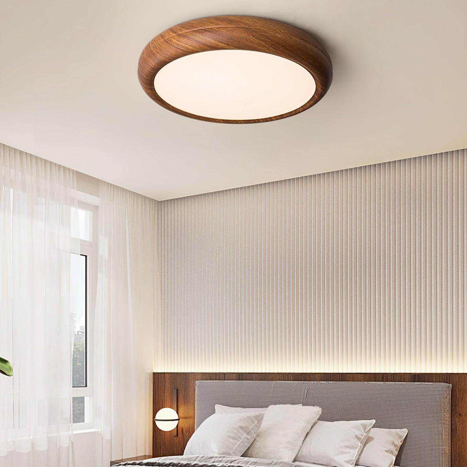 Flush Mount Ceiling Light, Walnut Wood Grain and White, Dimmable LED