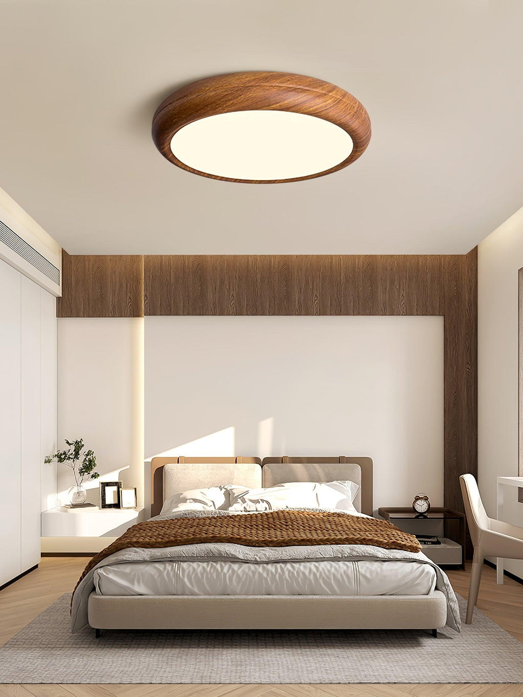 Flush Mount Ceiling Light, Walnut Wood Grain and White, Dimmable LED