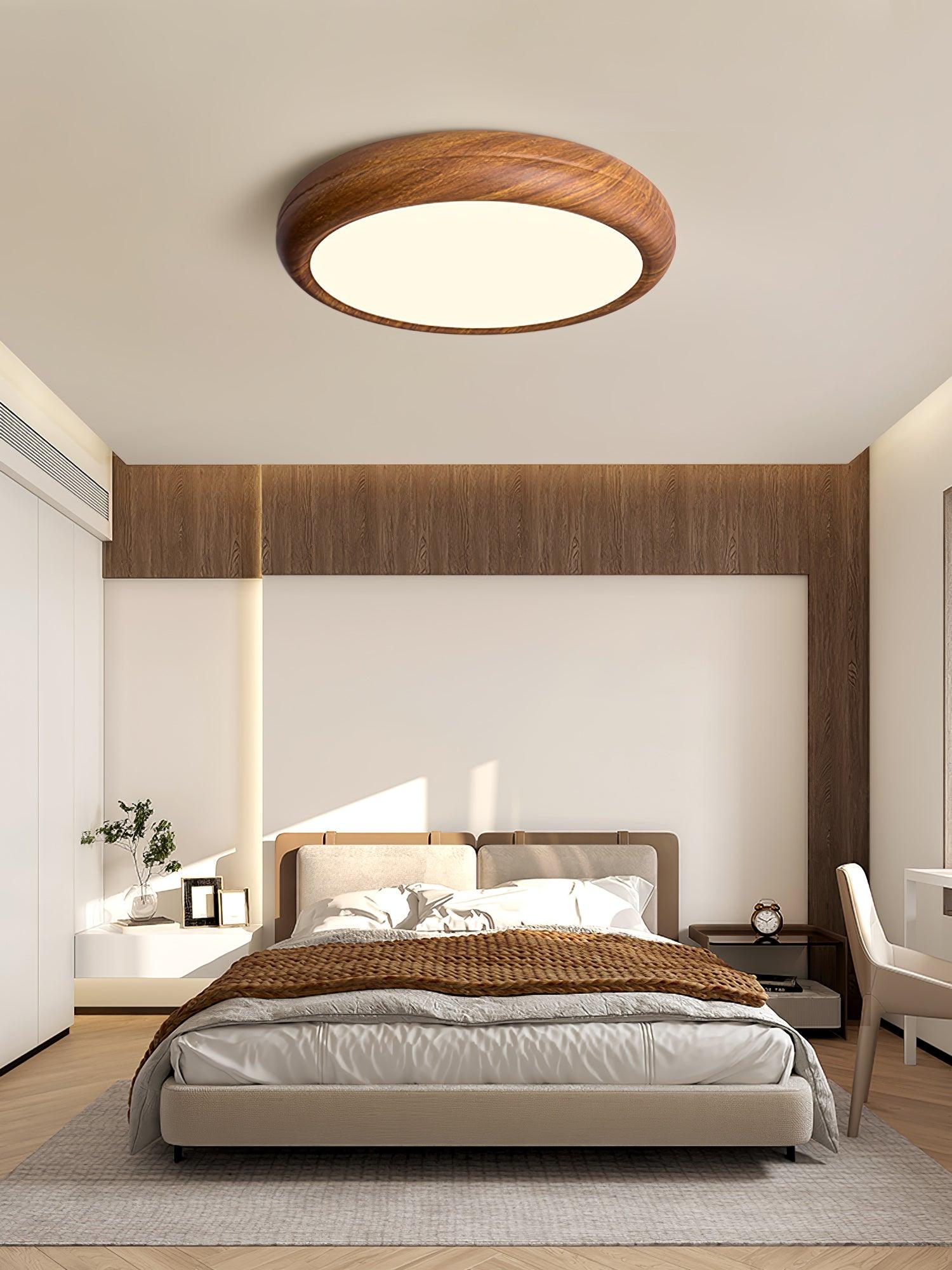 Flush Mount Ceiling Light, Walnut Wood Grain and White, Dimmable LED
