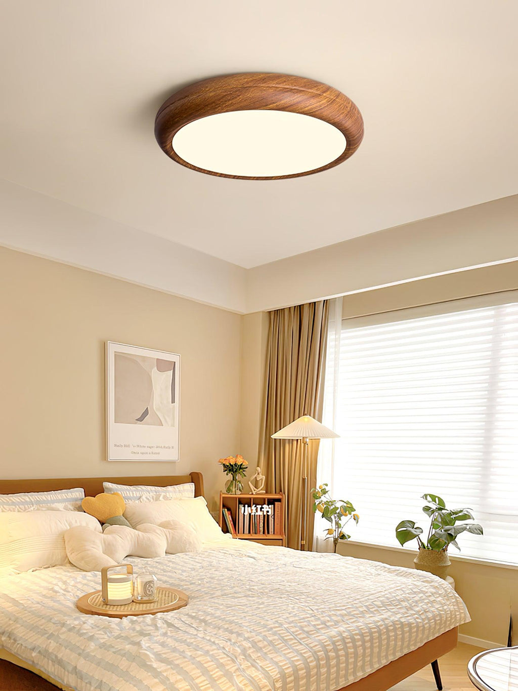 Flush Mount Ceiling Light, Walnut Wood Grain and White, Dimmable LED