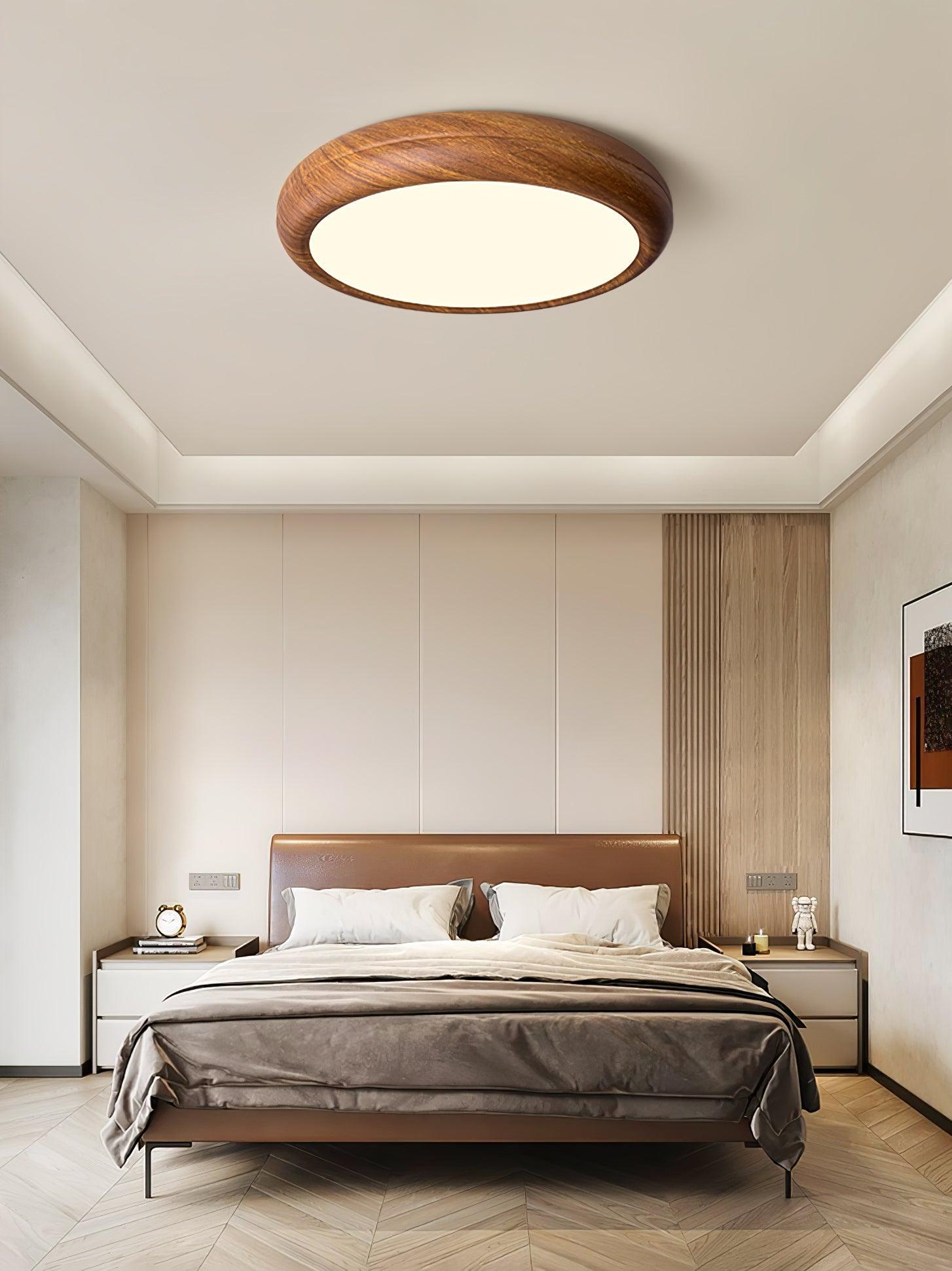 Flush Mount Ceiling Light, Walnut Wood Grain and White, Dimmable LED