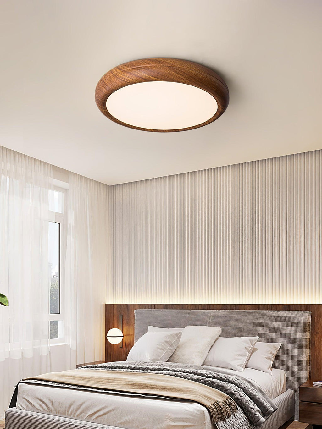 Flush Mount Ceiling Light, Walnut Wood Grain and White, Dimmable LED