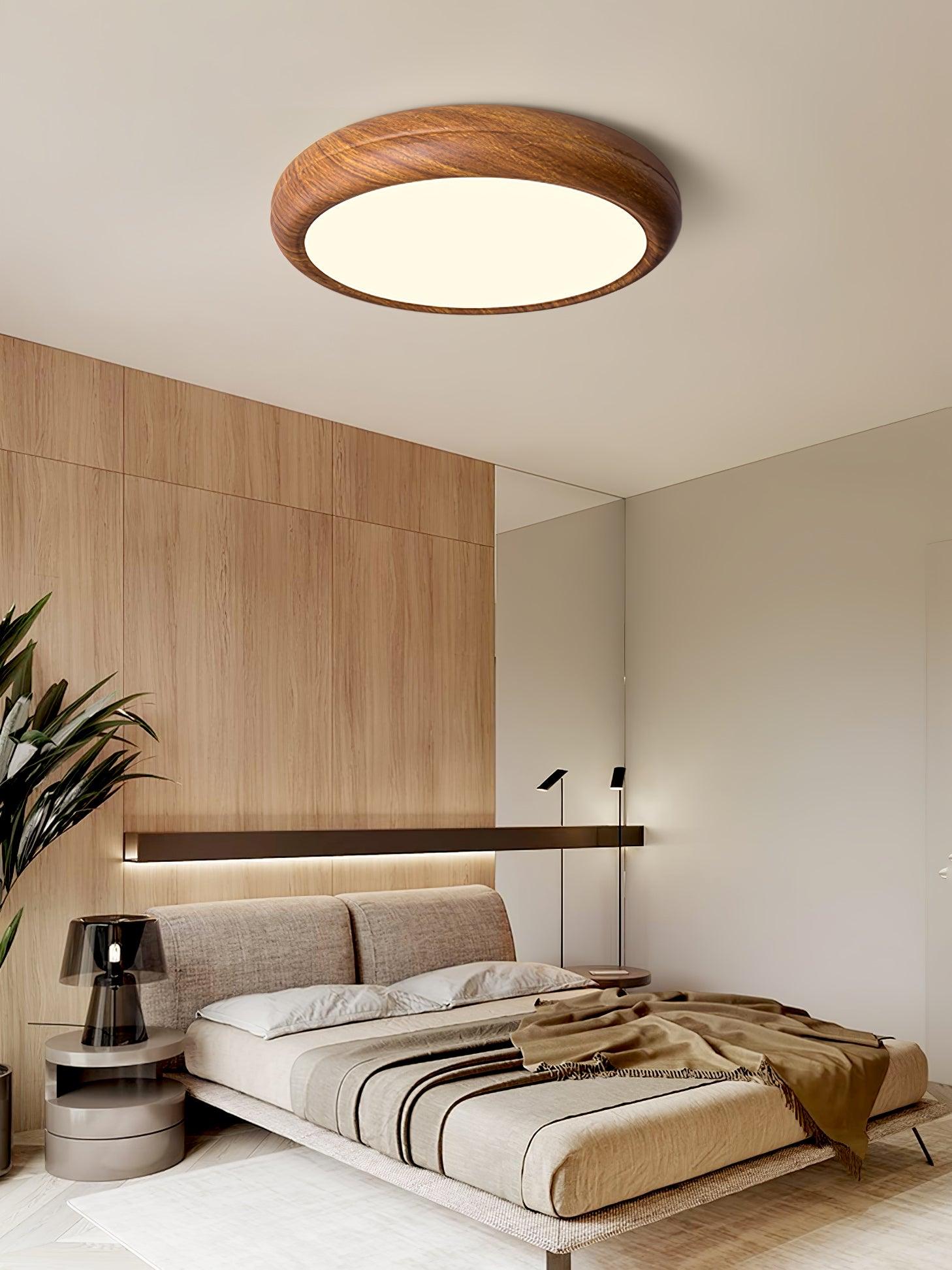 Flush Mount Ceiling Light, Walnut Wood Grain and White, Dimmable LED