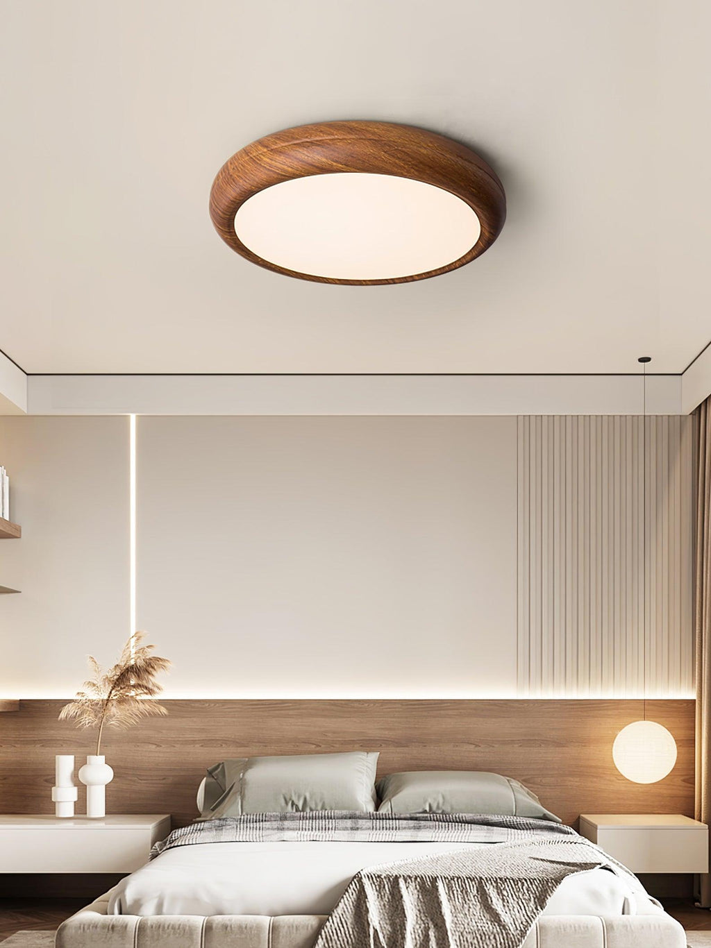 Flush Mount Ceiling Light, Walnut Wood Grain and White, Dimmable LED