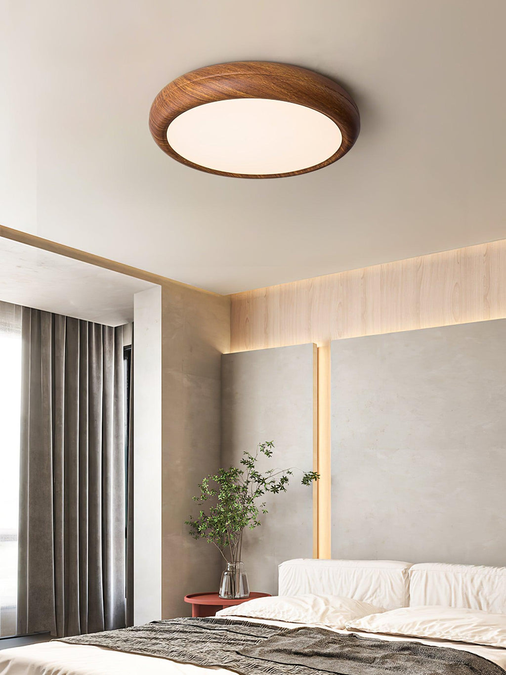 Flush Mount Ceiling Light, Walnut Wood Grain and White, Dimmable LED