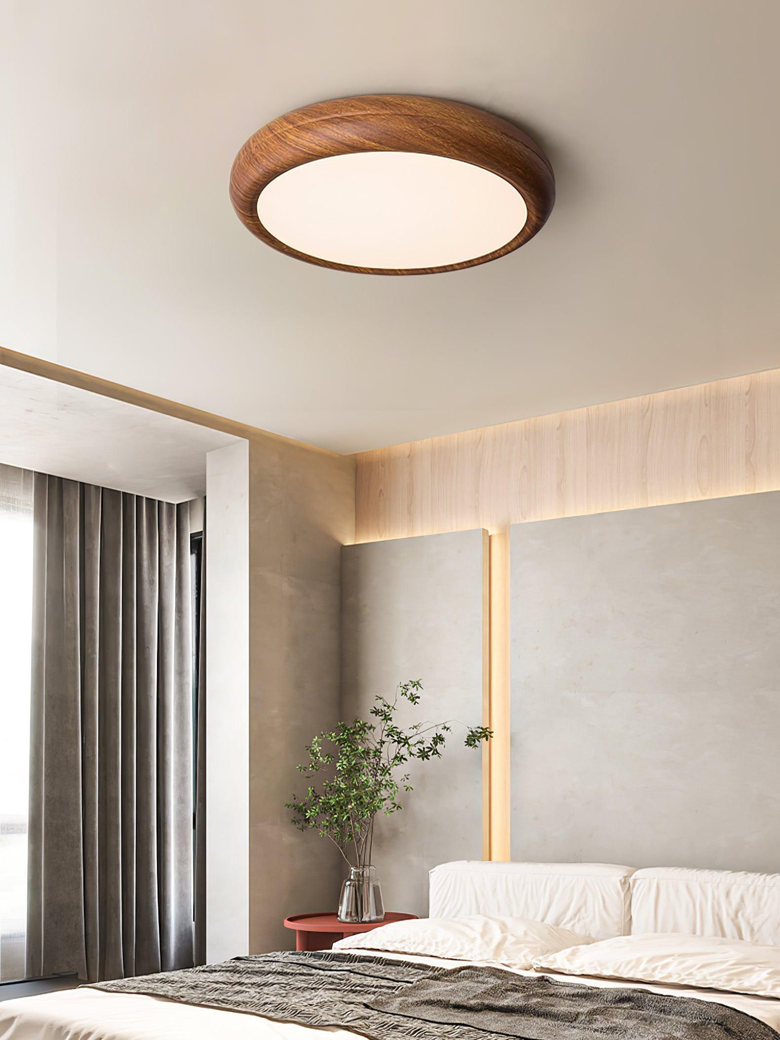 Flush Mount Ceiling Light, Walnut Wood Grain and White, Dimmable LED