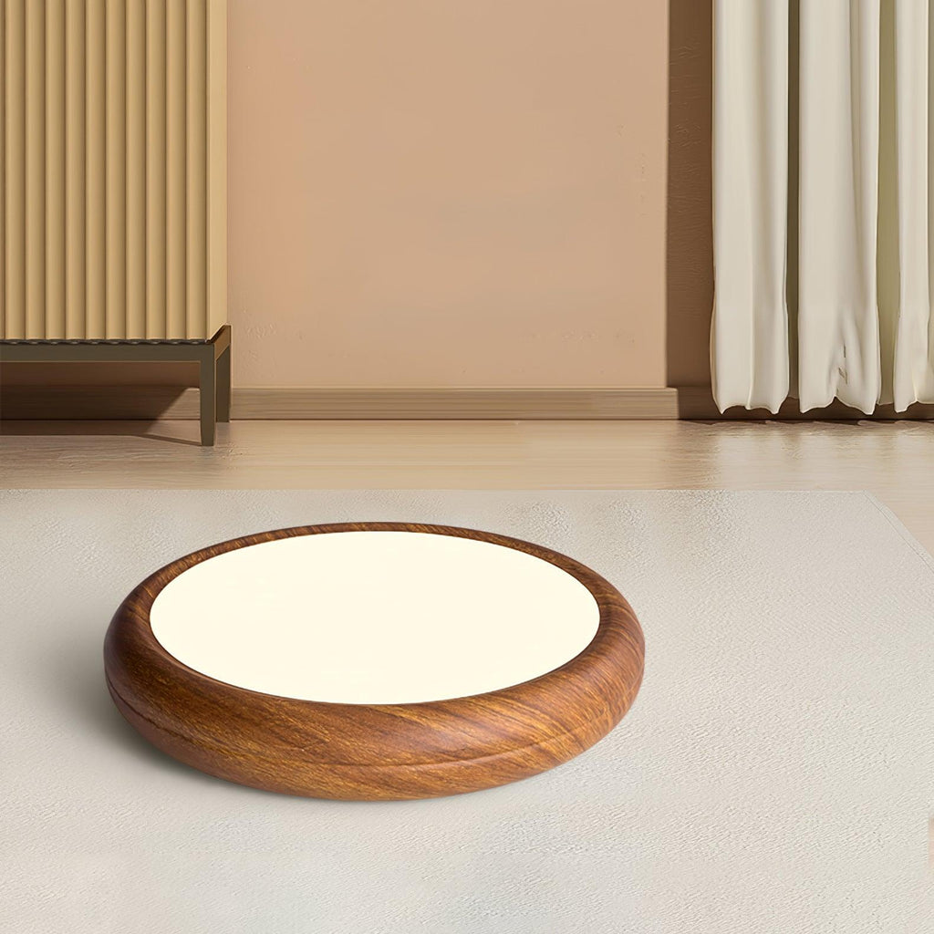 Wood grain ceiling light glowing softly overhead