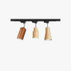 Wood track ceiling lamp with a wood canopy and steel track detail
