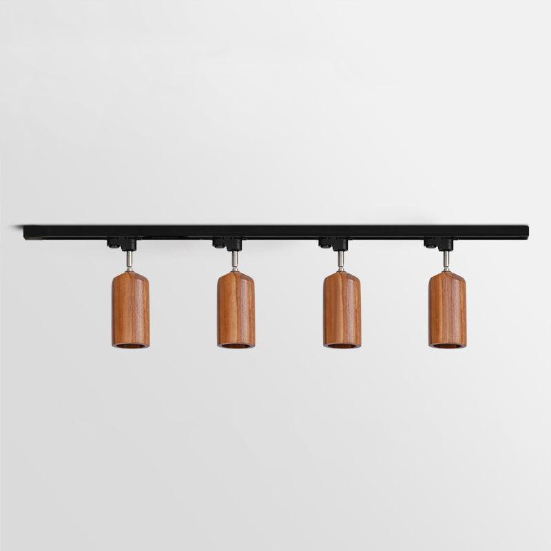 Wood track ceiling lamp close up showing the wood canopy and heads