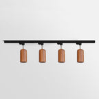 Wood track ceiling lamp close up showing the wood canopy and heads
