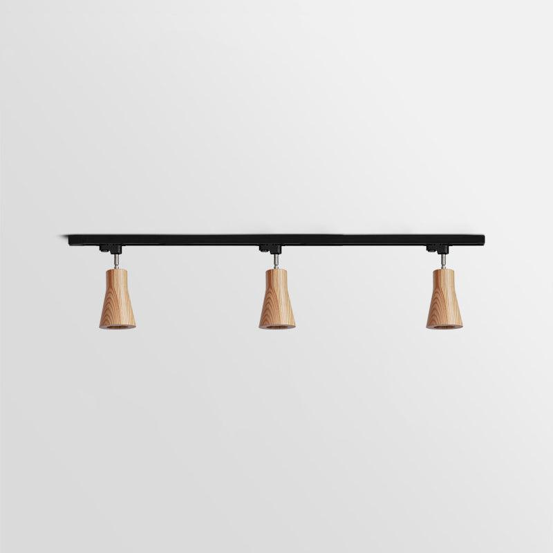 Wood track ceiling lamp lighting a kitchen with warm spotlights