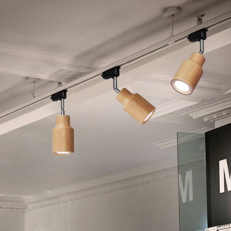 Wood track ceiling lamp shown close up with GU10 spotlight head