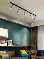 Wood track ceiling lamp lighting a cosy reading nook