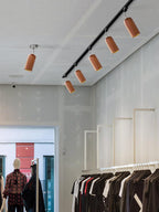 Wood track ceiling lamp shown from an angle with wood canopy