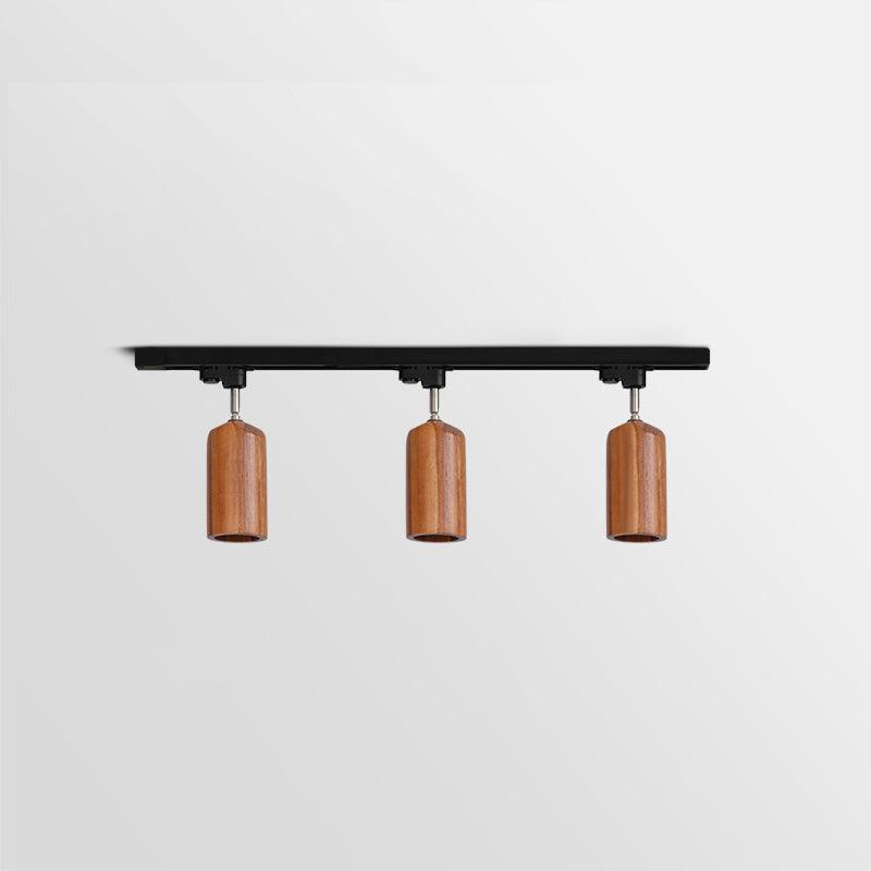 Wood track ceiling lamp with spotlight heads highlighting a wall