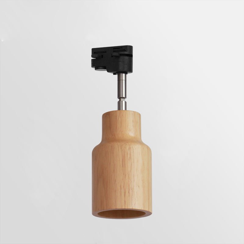 Wood track ceiling lamp with adjustable spotlight heads and a wood canopy