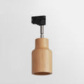 Wood track ceiling lamp with adjustable spotlight heads and a wood canopy