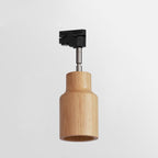 Wood track ceiling lamp with adjustable spotlight heads and a wood canopy