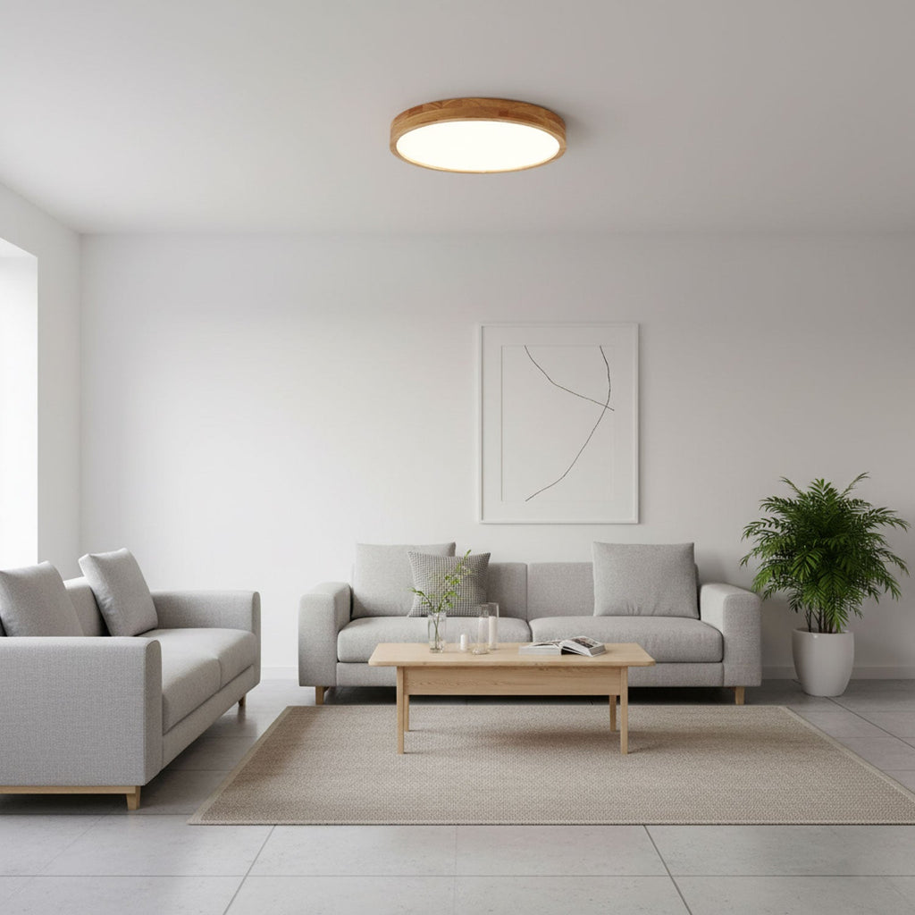 Square wooden ceiling light with warm white light