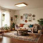 Round wooden ceiling light mounted flush overhead