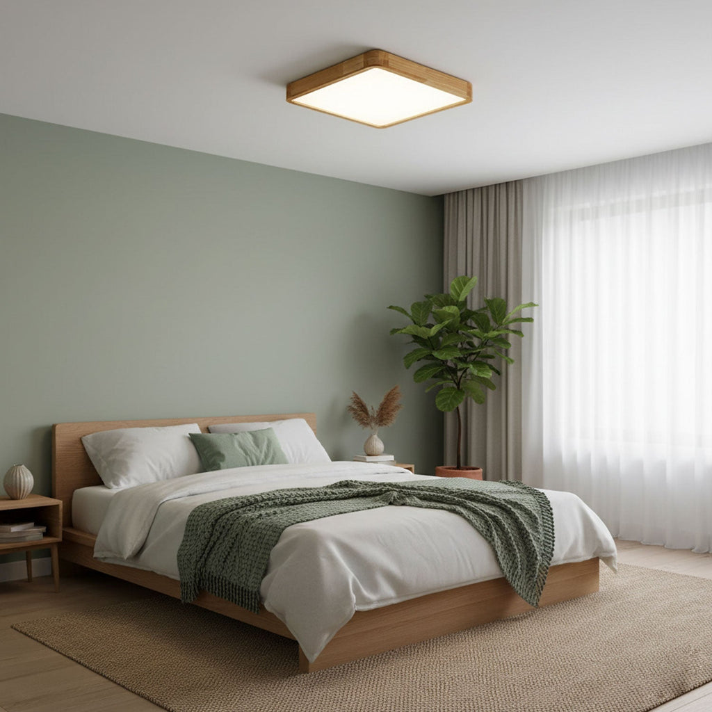 Slim rubberwood ceiling light in a modern setting