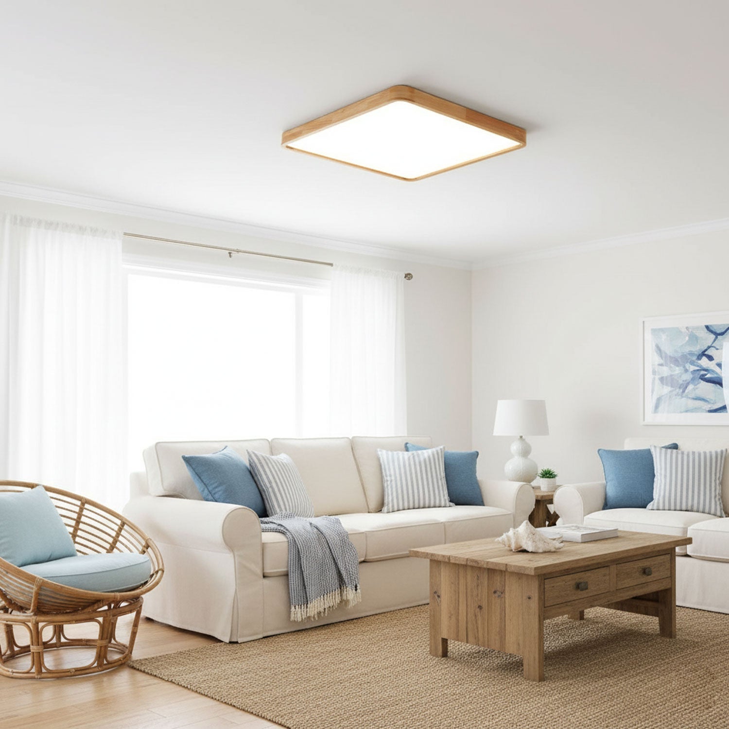 Wooden geometric ceiling light lit above seating