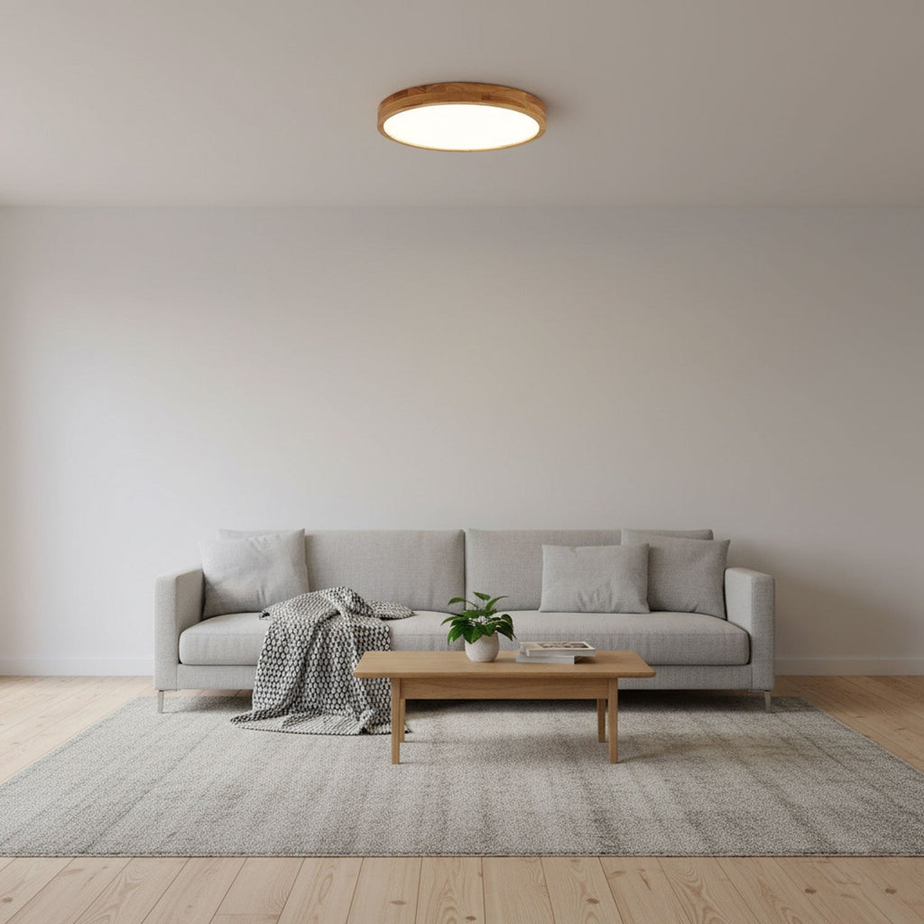 Round rubberwood ceiling light glowing gently