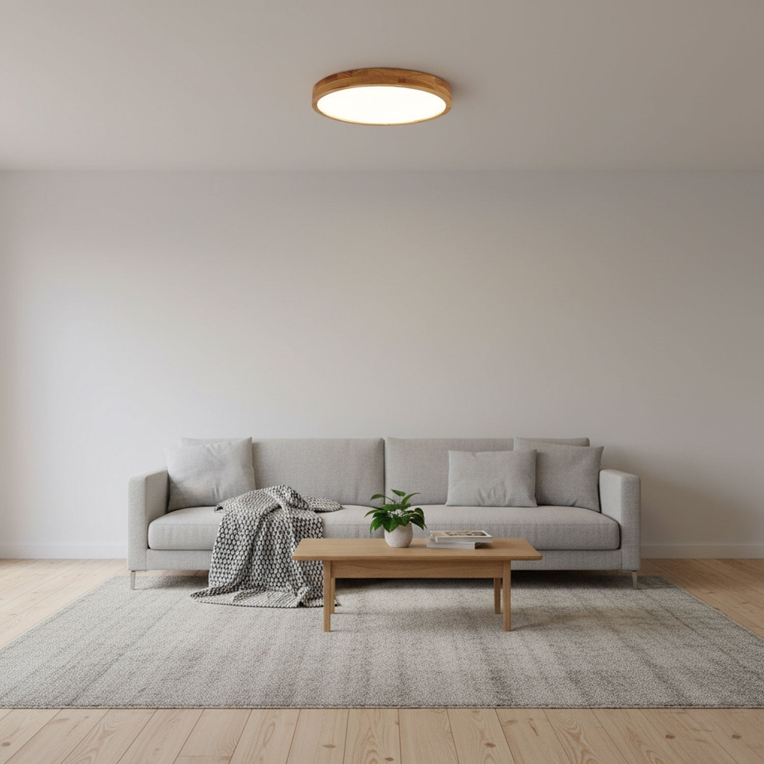 Round rubberwood ceiling light glowing gently
