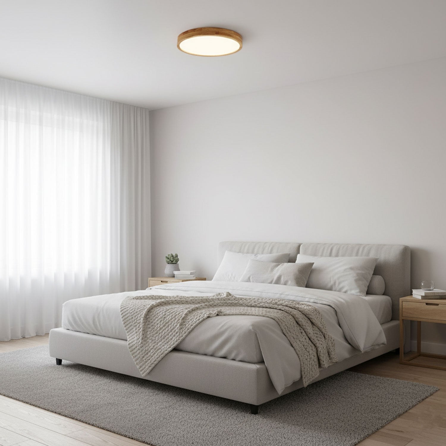 Slim wooden ceiling light shown close to ceiling