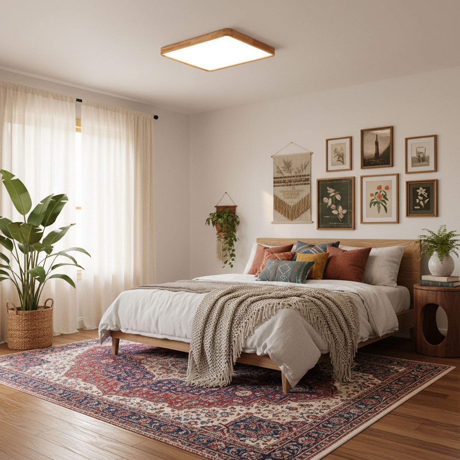 Square wooden ceiling light with clean grain finish