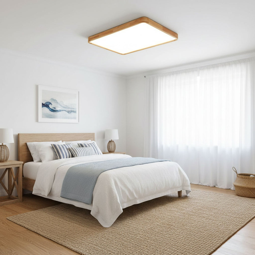 Rubberwood ceiling light glowing warm in a room
