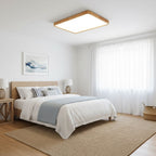 Rubberwood ceiling light glowing warm in a room