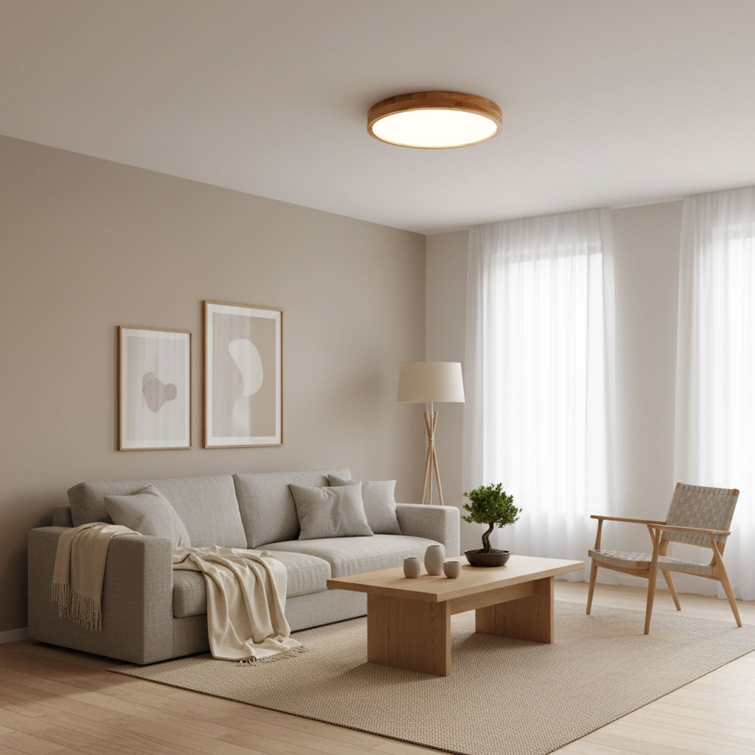 Rubberwood ceiling light glowing in a cosy interior