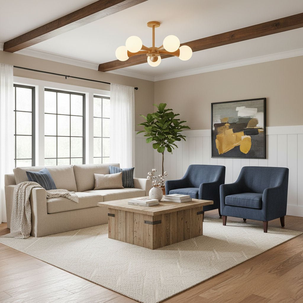 Beneath exposed wood ceiling beams in a living room with a cream sofa and blue armchairs, this Clérachic chandelier glows warmly.