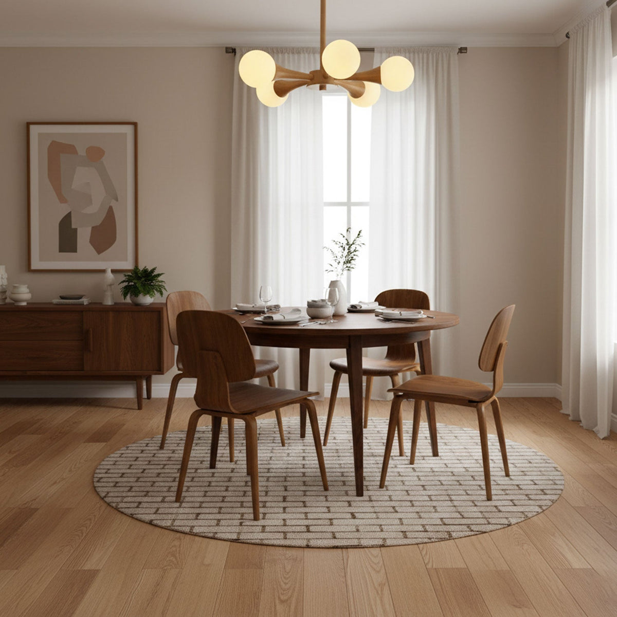 Lit prominently above a round dining table with a patterned rug and a wood sideboard, this Clérachic chandelier shows its full five-arm spread.