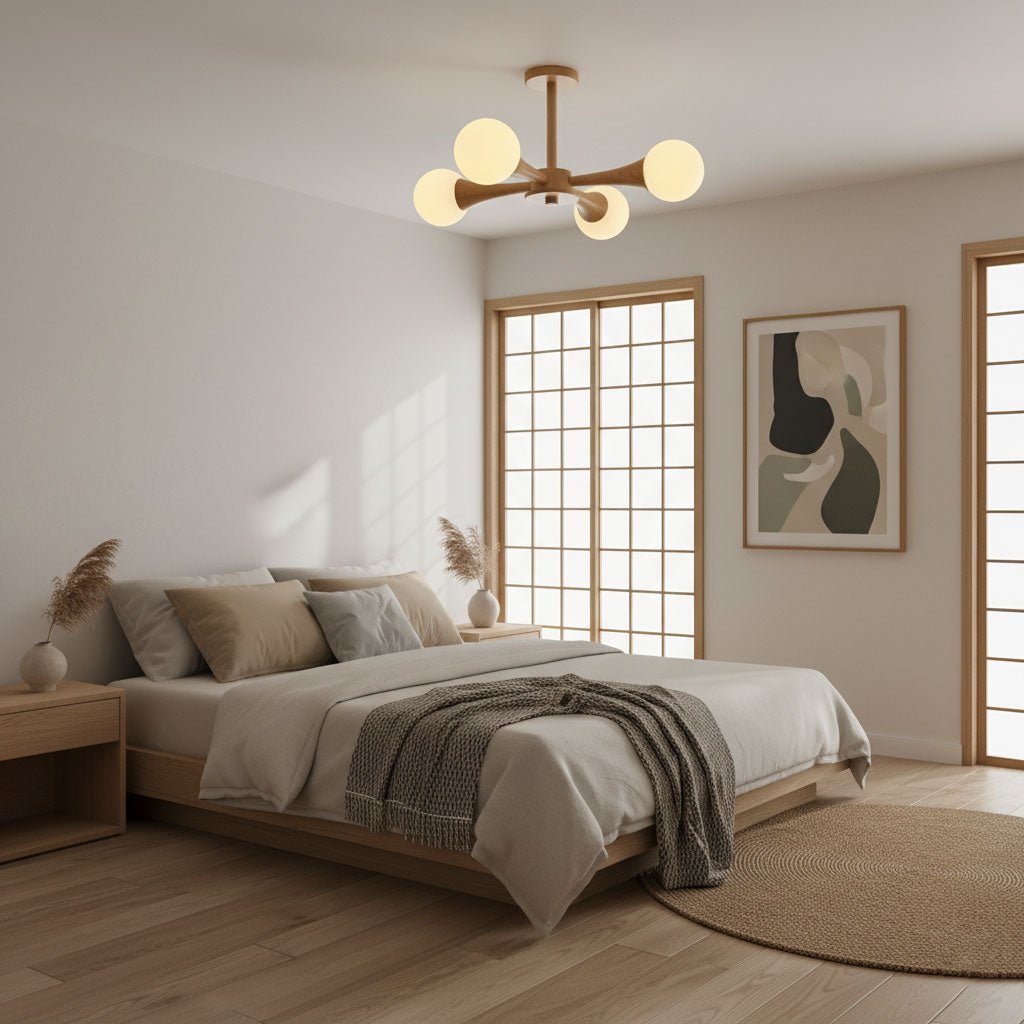 Centred above a bed with grey linens and a shoji-style window, this Clérachic chandelier lights a calm bedroom in pale wood and opal glass.