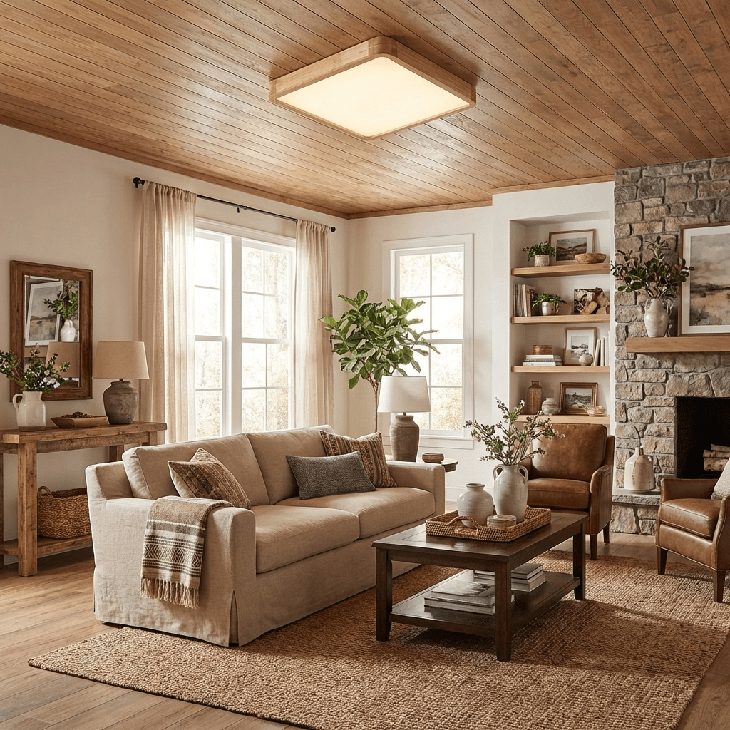 Wooden ceiling light showing its natural grain edge