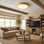 Round wooden ceiling light with even white glow