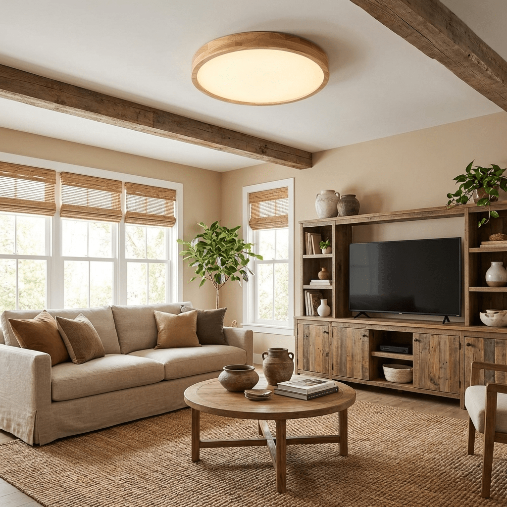 Round wooden ceiling light with even white glow