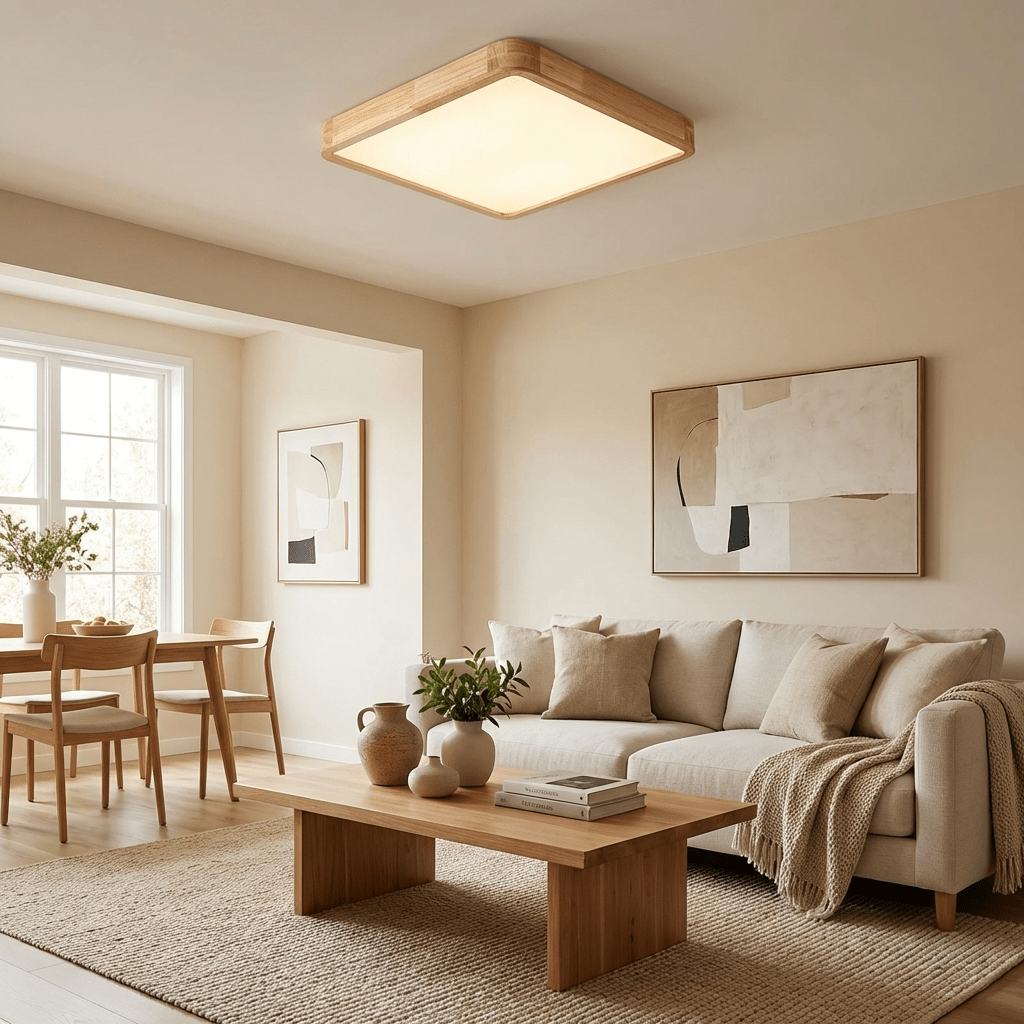Square rubberwood ceiling light viewed from below