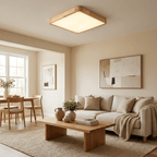 Square rubberwood ceiling light viewed from below