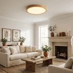 Wooden ceiling light shown against a plain backdrop