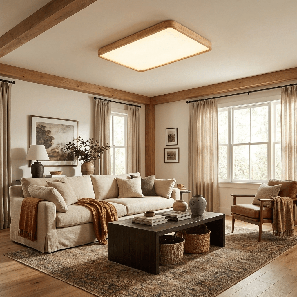 Slim wooden geometric ceiling light close-up detail