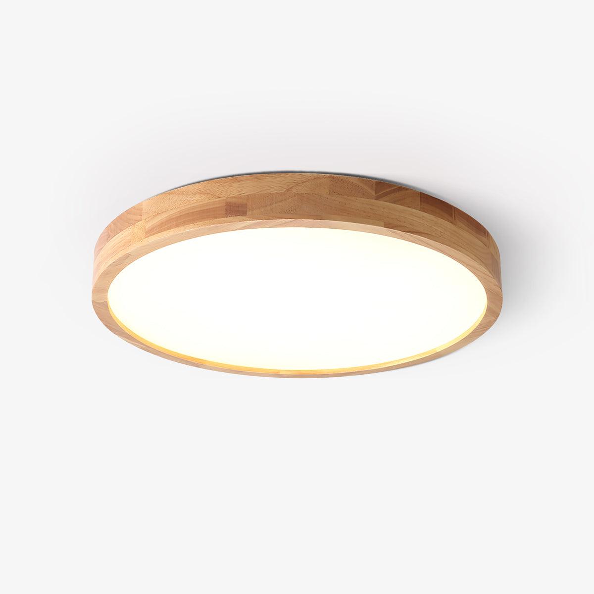 Rubberwood ceiling light glowing softly in a room