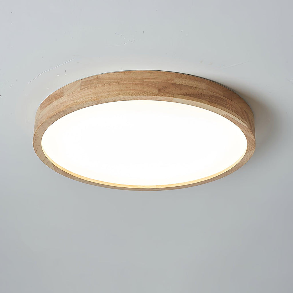 Round rubberwood ceiling light over a styled interior